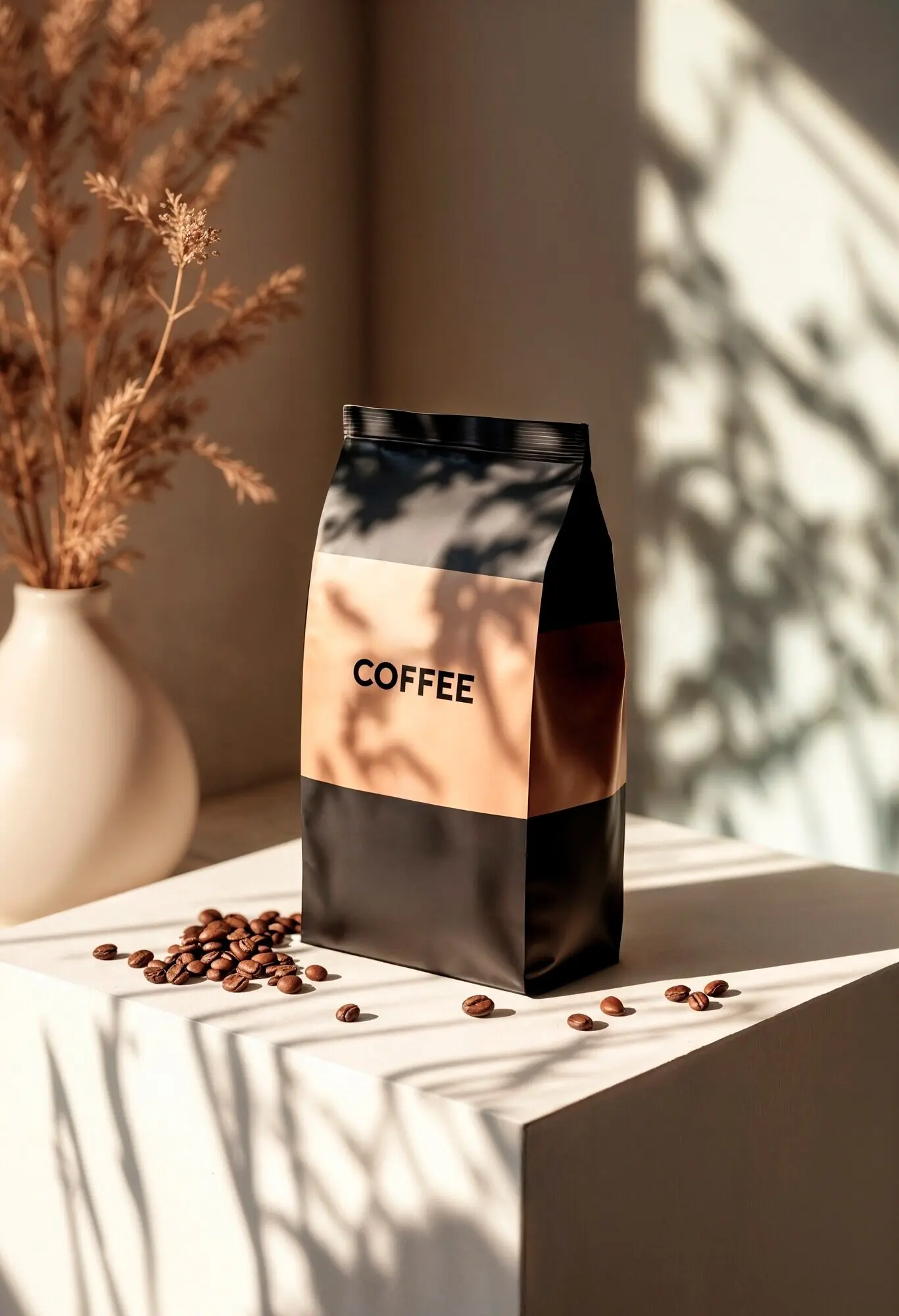 Kaffeebohnen in einem eleganten schwarzen Beutel