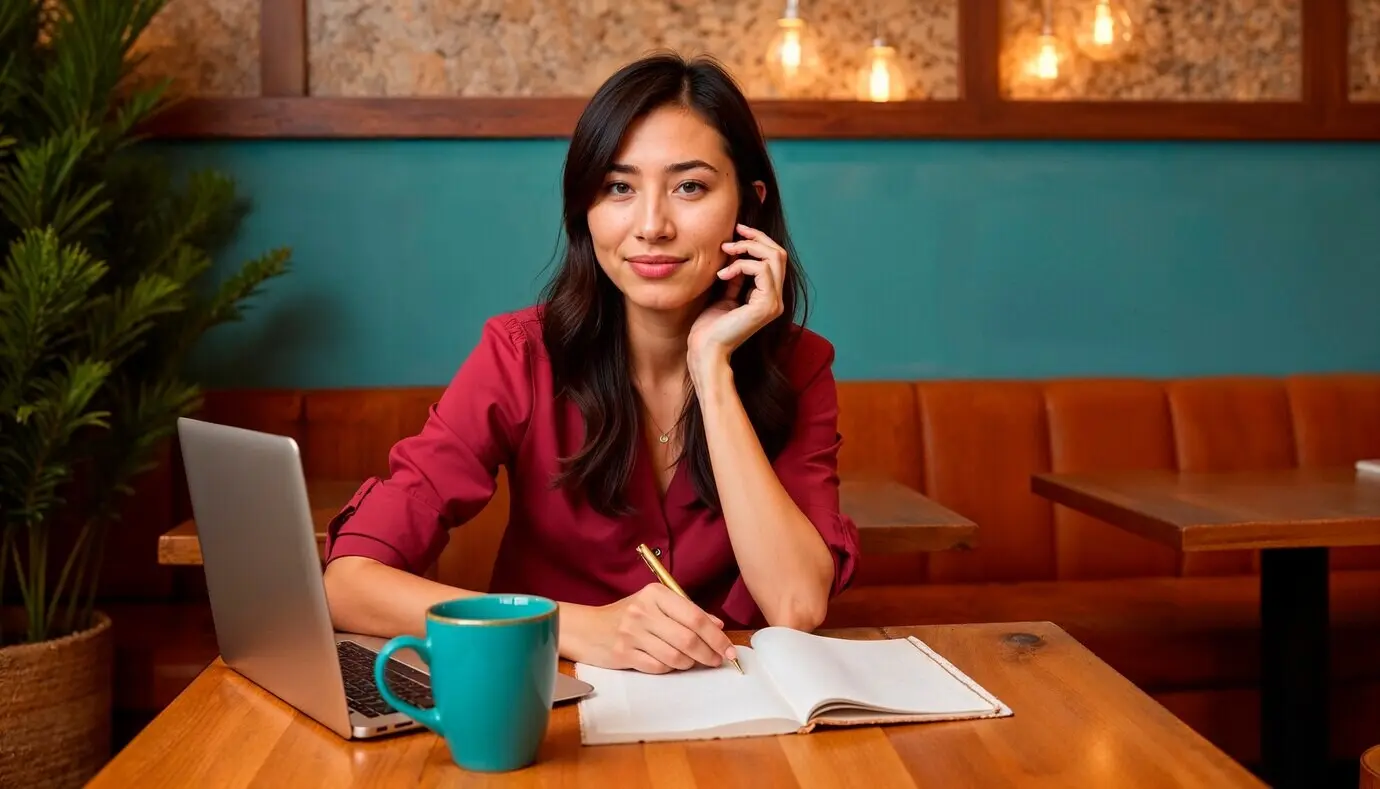 Junge Frau bei der Arbeit in einem Café.
